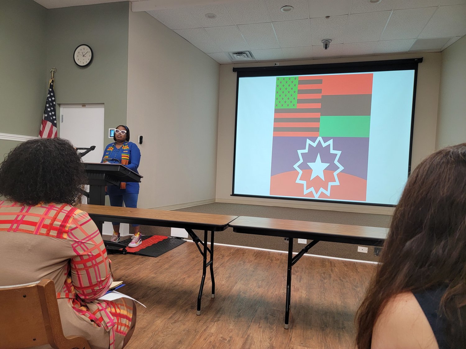 Explaining the various flag associated with the Juneteenth celebration, Dr. Grier-Key made a point to say that they are flags inspired and in connection to the American flag, not opposing stances.